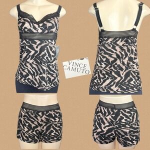 Vince Camuto L Brown Animal Print Camisole Pajama Mesh Trim Set Shorts Sleepwear